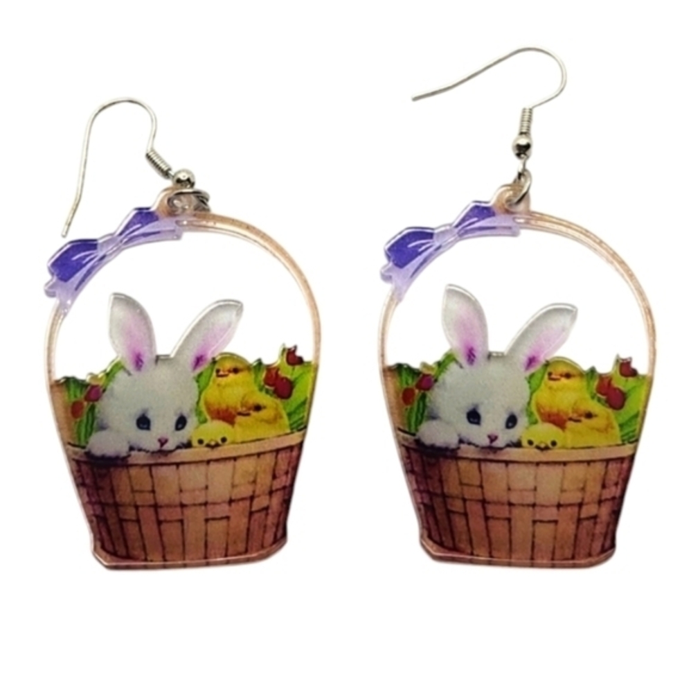 Easter Bunny and Chick's in a Basket Dangle‎ Earrings